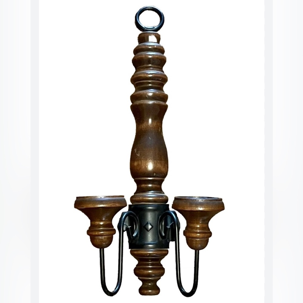 Vintage Double Candleholder Wooden Metal Wall Sconce 18”